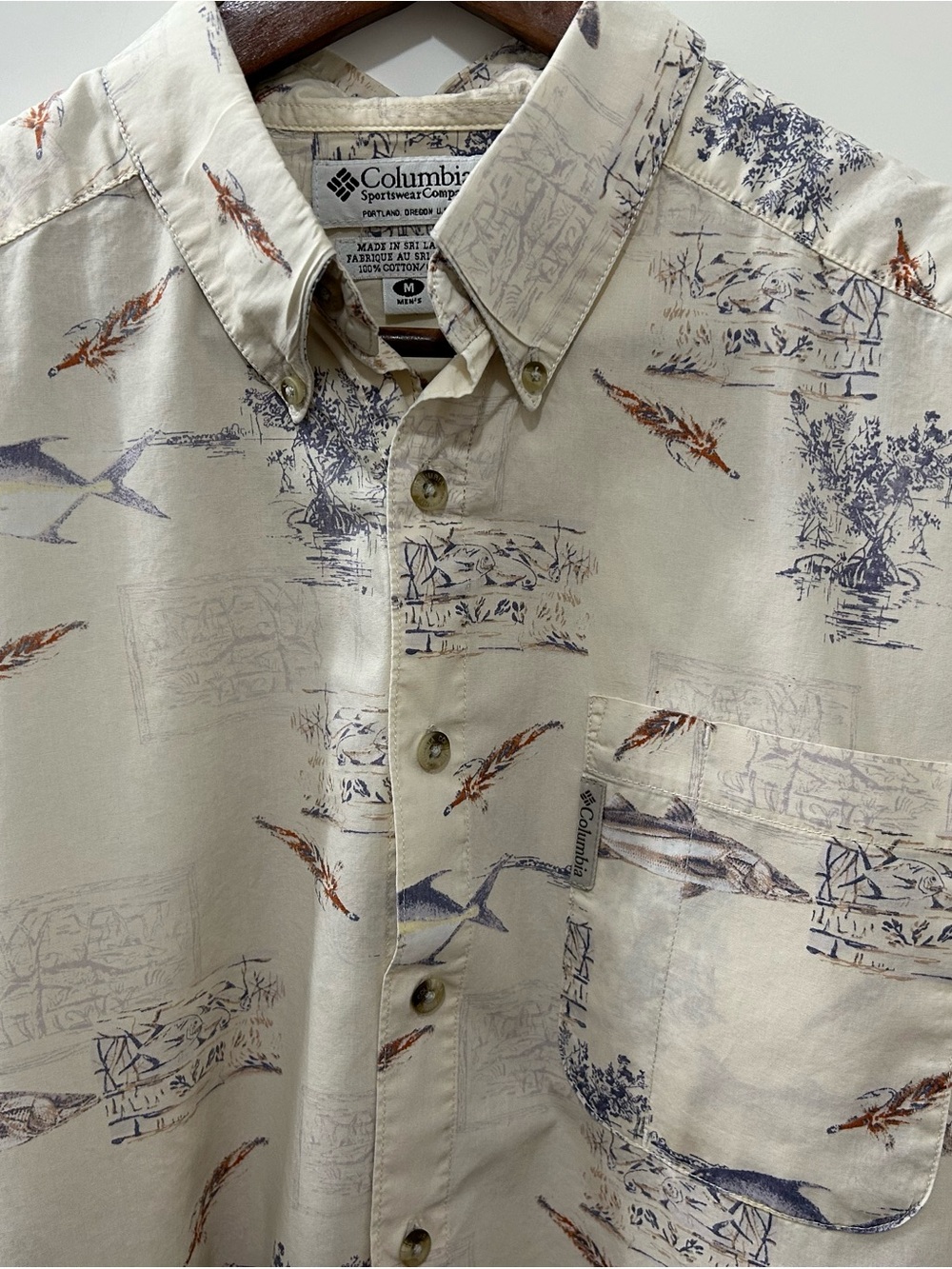 Columbia Men’s Cream Button-Down Fish & Nature Print Shirt